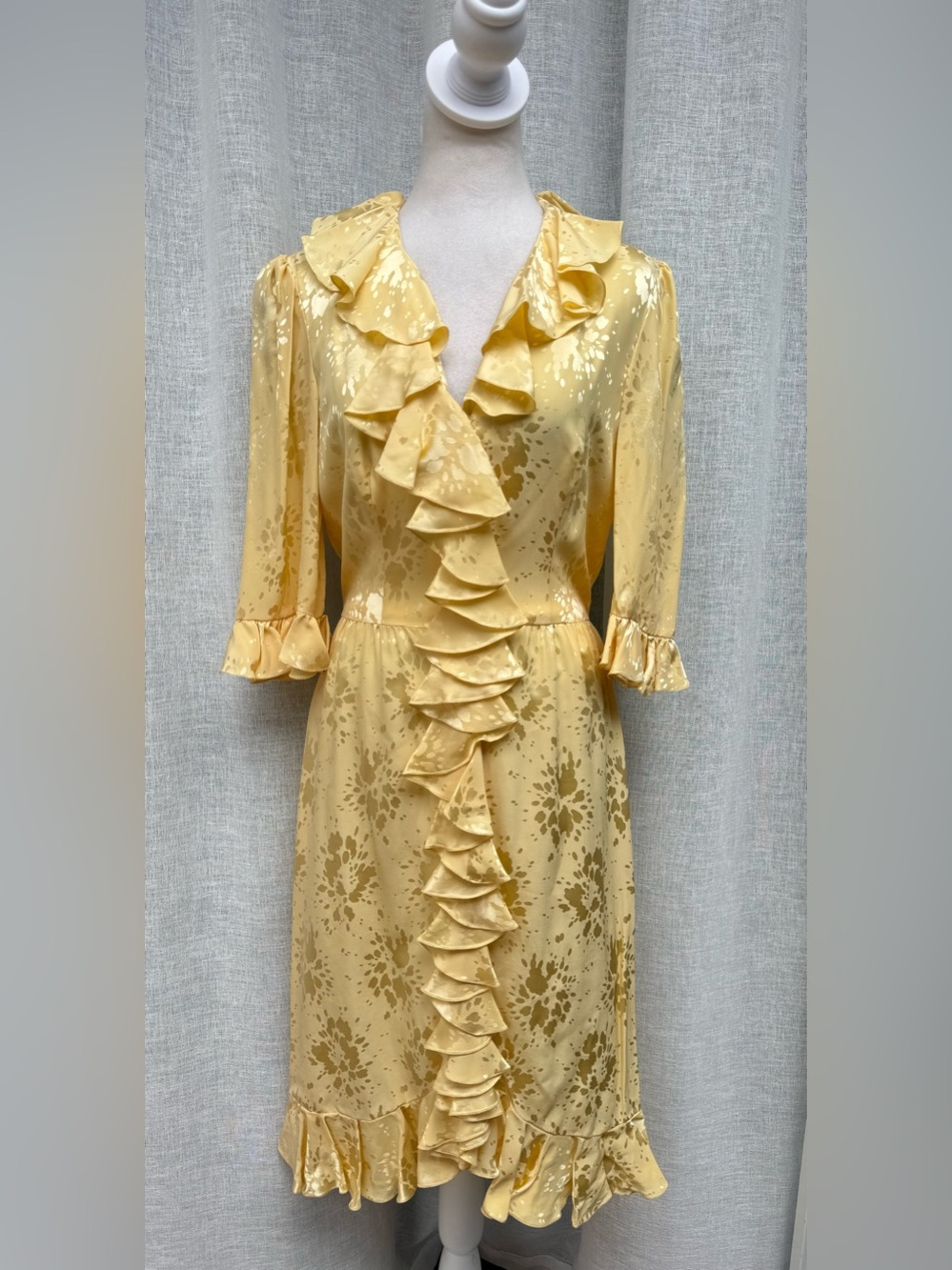 Vintage Mariko yellow brocade ruffles midi silk wrap dress - Picture 1 of 7